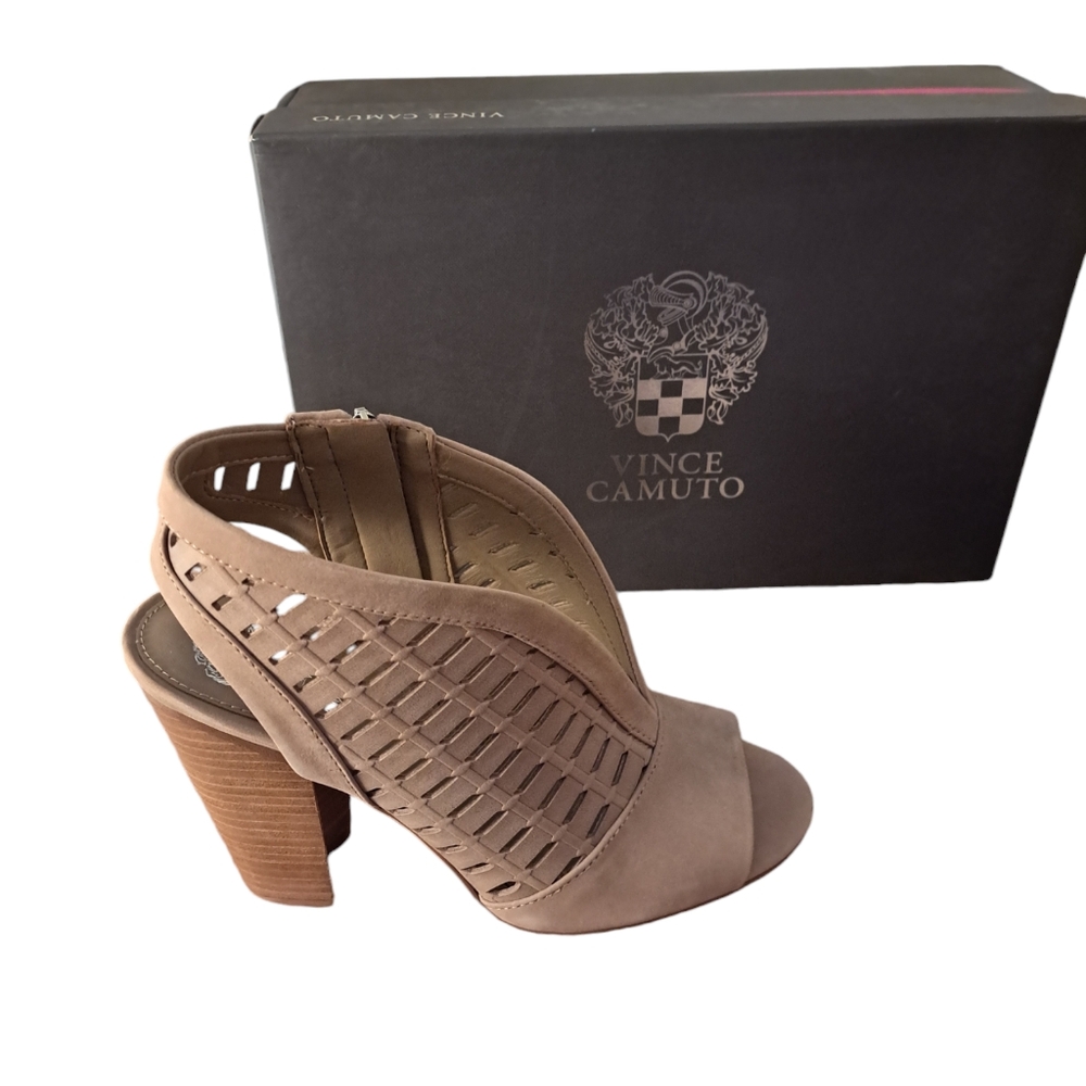 Vince Camuto Taupe Woven Peep-Toe Block Heel Sandals